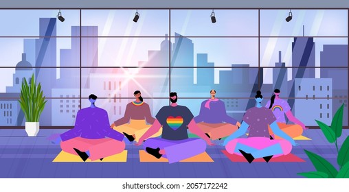 people practicing yoga exercise in lotus pose LGBT parade pride festival transgender love concept