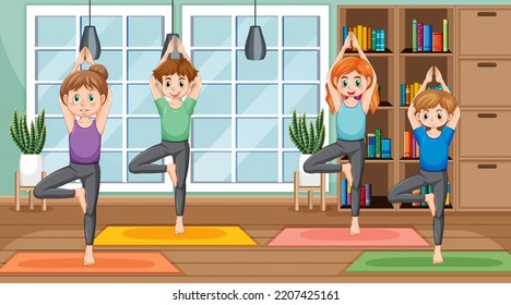 Personas practicando ejercicio de yoga e ilustración de meditación