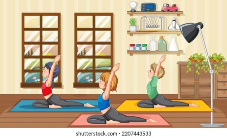People practicing yoga exercise and meditation illustration