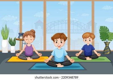 Personas practicando ejercicio de yoga e ilustración de meditación