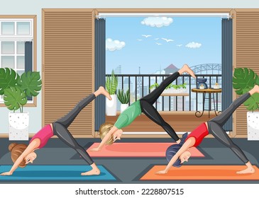 Personas practicando ejercicio de yoga e ilustración de meditación