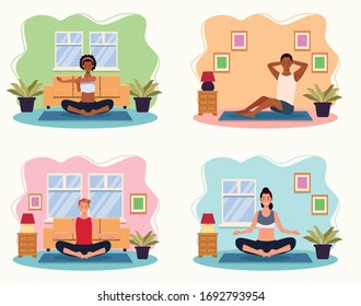 people practicing yoga in the house vector illustration design