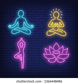 Gente practicando yoga y meditando letreros de neón. Armonía y diseño de meditación. Señal de neón brillante nocturna, carteles coloridos, banner luminoso. Ilustración vectorial en estilo neón.