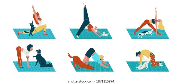 People practicing yoga with pets, man and woman exercising with cats and dogs isolated on white. Home training. Hobby. Stay home. 