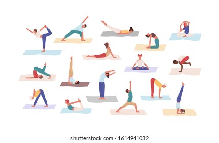 People practicing yoga position set vector flat illustration. Colored cartoon man and woman doing Asana exercise isolated on white background. Healthy lifestyle and physical activity concept.