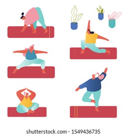 People Practicing Yoga Set. Yogi Women Group Doing Yoga Exercises on Mats at Studio. Fitness, Sport and Healthy Lifestyle Concept, Personal Trainer Workout Class. Cartoon Flat Vector Illustration