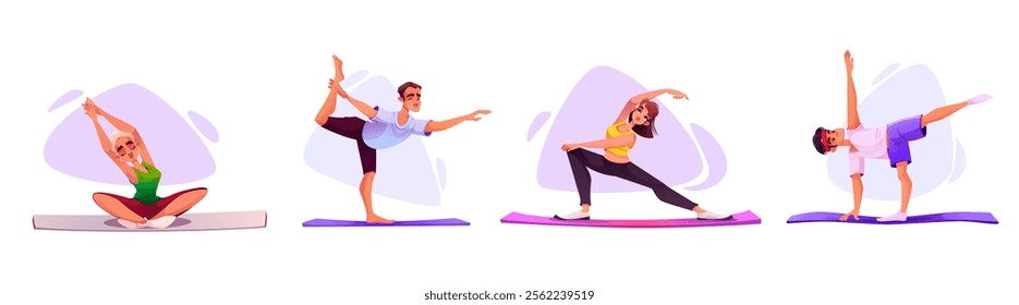 People practicing yoga stretch poses set - cartoon characters demonstrating balance, flexibility exercises on mats. Athletic figures performing various training positions for wellness design.