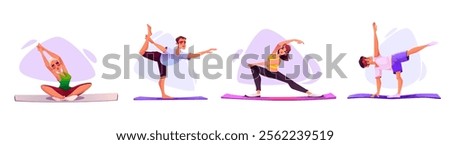 People practicing yoga stretch poses set - cartoon characters demonstrating balance, flexibility exercises on mats. Athletic figures performing various training positions for wellness design.