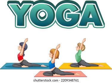 Personas practicando yoga con ilustraciones de texto