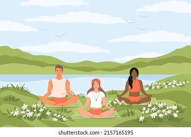 Gente practicando yoga juntos y meditando en la naturaleza con plantas floridas. Estilo de vida saludable, entrenamiento al aire libre, ejercicio físico, clase de yoga. Ilustración del vector