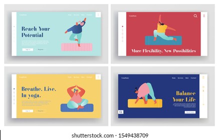 People Practicing Yoga Website Landing Page Set. Yogi Women Doing Exercises on Mats at Studio. Fitness, Sport and Healthy Lifestyle, Workout Class Web Page Banner. Cartoon Flat Vector Illustration