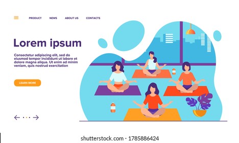 People practicing yoga. Women exercising at yoga class, sitting in lotus pose, meditating with teacher. Vector illustration can be used for physical activity, fitness, gym concept