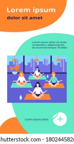 People practicing yoga. Women exercising at yoga class, sitting in lotus pose, meditating with teacher. Vector illustration can be used for physical activity, fitness, gym concept