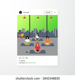 People practicing yoga. Women exercising at yoga class, sitting in lotus pose, meditating with teacher. Vector illustration can be used for physical activity, fitness, gym concept