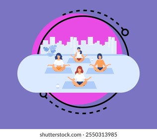 People practicing yoga. Women exercising at yoga class, sitting in lotus pose, meditating with teacher. Vector illustration can be used for physical activity, fitness, gym concept