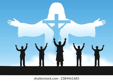 People Praising Jesus Christ Underneath a Cross Against a Blue Sky