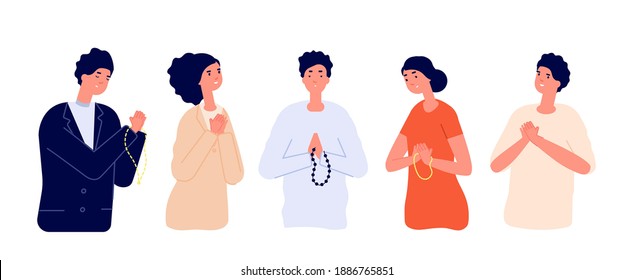 People Pray. Say Please, Apologize Man Woman. Cartoon Praying Young Persons With Hopeful Sad Expressions Folded Hands Utter Vector Concept