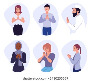 People pray, set of cartoon style vector illustration on white background. Different male and female characters stand with their eyes closed with their hands folded in front of them. Design concept