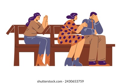 People pray sitting on the benches of the church. Catholic or Protestant believers pray during the service, flat vector illustration isolated on white background.