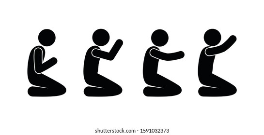 People pray, stick figure man kneeling, prayer illustration, man icons isolated