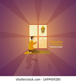 People Pray And Worship At Home, Islamic Illustration For Ramadan Greeting Concept