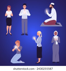 People prayers in traditions of various world religions such as Islam or Christian, flat vector illustration isolated on background. Prayers characters collection.