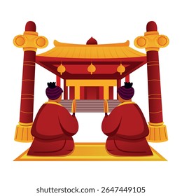 People praying at a chinese temple, flat illustration
