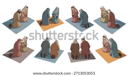 People praying kneeling figures in different robes