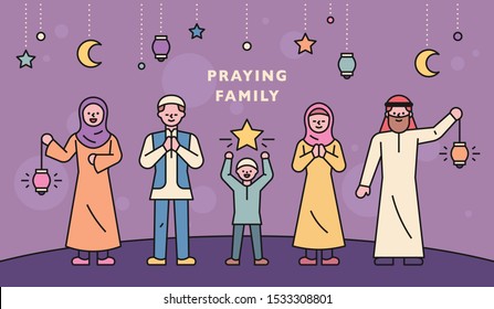 People praying with lanterns and stars. Characters wearing Islamic costumes. flat design style minimal vector illustration.