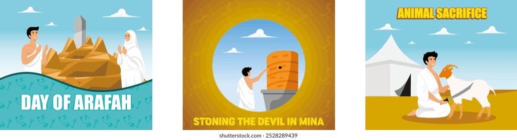 Pessoas rezando perto da colina de arafah.  Homem apedrejando o diabo em minha mente. Serviço animal. Hajj e umrah para o site de negócios do serviço de viagens e web móvel. Definir ilustração moderna de vetor plano  