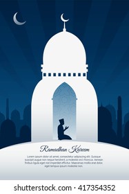 People praying on Ramadan Kareem. Simple mosque with Blue background.