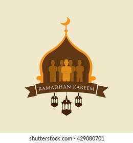 People praying together on Ramadan Kareem. Simple mosque with cute background. great for card and banner