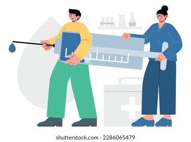 People with a prefilled syringe in medical laboratory. Flat vector minimalist illustration of hospital equipment, doctors and medicines