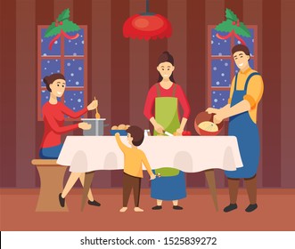 People preparation for Christmas, man and woman cooking together. Smiling male and female character mixing and cutting products at home. Parents and son wearing apron standing in kitchen vector