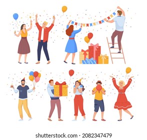 People prepare to birthday. Celebrate holiday party with garlands balloons champagne confetti cake, present gift box, happy congratulation, isolated vector illustration. Happy birthday woman and man