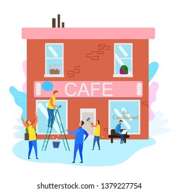 People Prepare Cafe Building for Grand Opening Vector Illustration. Cleaner Worker in Uniform Wash Window Owner Man Check Preparation. Buy Ready Operating Business Catering Food Franchising