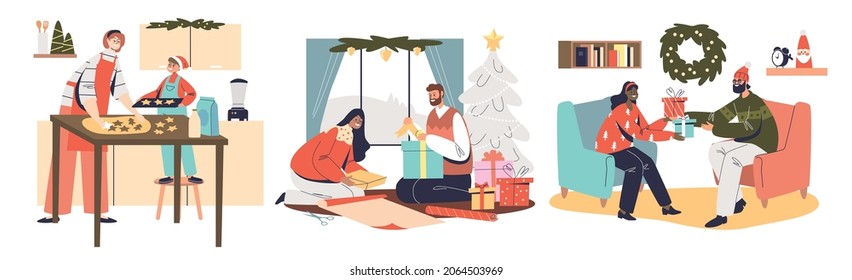 People prepare for christmas holidays: bake gingerbread cookies, wrap and exchange gifts, decorate pine tree. Happy cartoon characters make preparation for xmas at home. Flat vector illustration