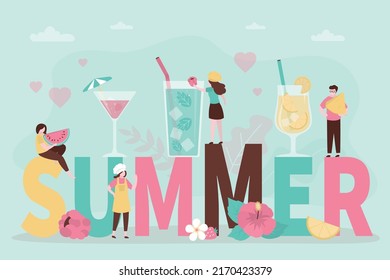 People prepare cooling drinks. Various lemonades stand on colorful lettering "summer". Cold cocktails with pieces of fruit. Characters make refreshing beverages in summer time. Vector illustration