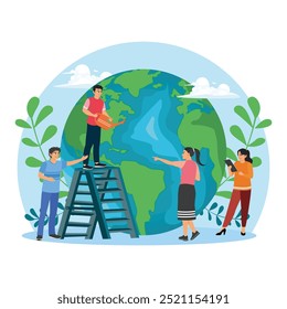 People prepare for Earth Day. Save the earth and save energy. Earth Day concept. Flat vector illustration.