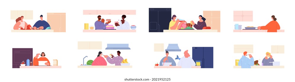 People prepare food. Delicious lunch, cooking on kitchen. Isolated person bake, do vegetarian and meat home meal. Vegan chef, utter vector scenes