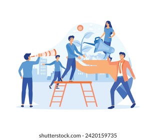 People prepare for the holiday, save the planet from pollution, World Environment Day, Bio technology, in the big hand the earth with a plant.  flat vector modern illustration 