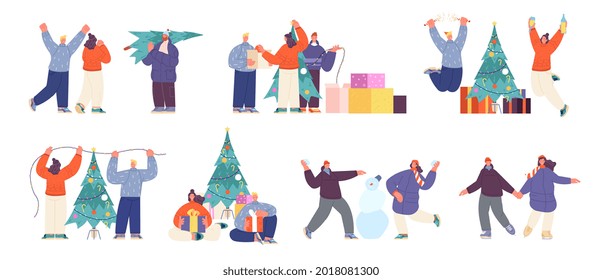 People prepare to holidays. Christmas party, friends happy new year. Couple decorate xmas tree, cute cartoon teens with gifts utter vector scenes