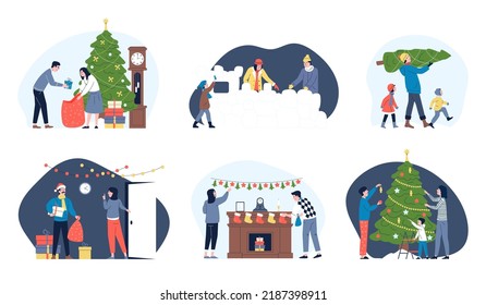 People prepare to holidays. Family christmas and new year party. Parents and children with fir tree and gifts. Person hold present box, winter holiday recent vector scenes