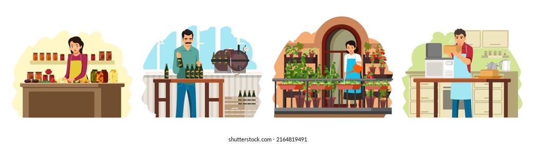 People Prepare Homemade Food And Drink Set Vector Illustration. Cartoon Woman Growing Vegetables On Balcony, Mother Cooking Jam And Preserves, Man Baking Bread And Making Beer On Home Equipment