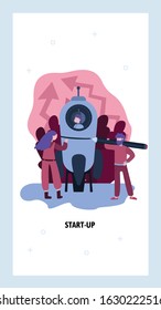 People prepare to launch a rocket. Business startup concept. Team work in start up business. Vector web site design template. Landing page website concept illustration