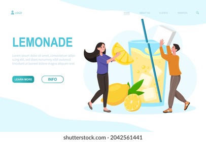 People prepare lemonade concept. Man and woman throw slice of lemon, ice and sugar into glass. Fresh fruit drink. Template for landing. Cartoon flat vector illustration isolated on white background