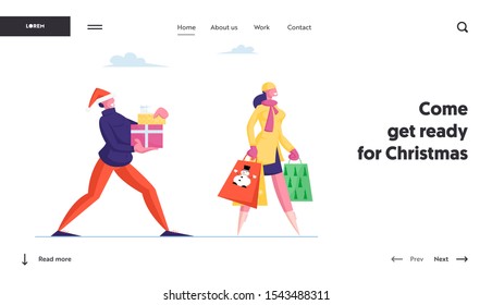 People Prepare Presents for Family and Friends on Winter Holidays Celebration Website Landing Page. Happy Man Carry Gift Boxes Woman with Paper Bags Web Page Banner. Cartoon Flat Vector Illustration