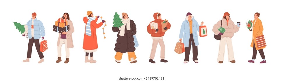 People prepare for winter holidays set. Happy characters shopping New Year presents, gifts. Men and women carry Christmas tree, Xmas accessories, garland. Flat isolated vector illustrations on white