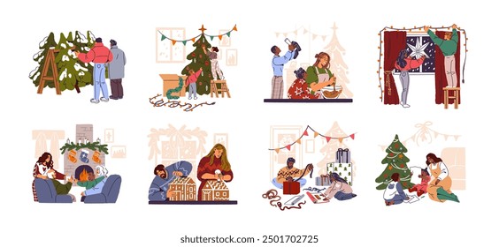 People preparing to celebrate winter holiday set. Family wrapping Xmas gifts, couple decorates home, Christmas tree together for New Year. Flat isolated vector illustrations on white background.