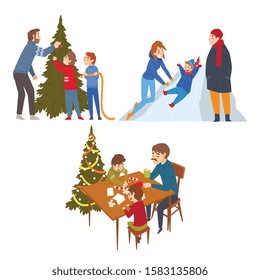 People Preparing and Celebrating Winter Holidays, Men, Women and Kids Decorating Christmas Tree, Sliding Down Hill, Spending Good Time Together Vector Illustration